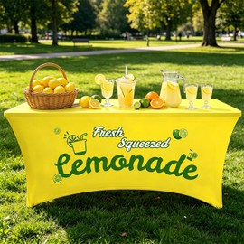6 ft Lemonade Stand Tablecloth, Stretch Spandex Table Cover,Colorfast After Many Washes, Lemonade Stand Supplies for Standard Folding Tables, Party Tablecover, Lemon Birthday Party Decor (Yellow)