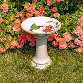 Zaer Ltd. Porcelain Birdbath with Hand Painted Details (15" Tall, Hummingbird & Wildflower)