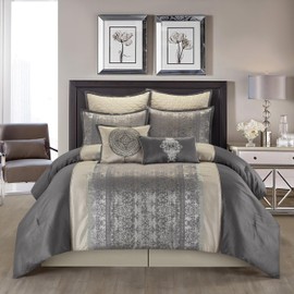 Stratford Park Silver/Ivory Damask Patchwork King Comforter Set, 8 Piece, Jacquard Pillow Sham, Bedskirt, Decorative Pillow, All Season Bedding Set…