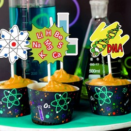YiiiGoood 24 piezas de papel para magdalenas de ciencia, decoración de tartas, ciencias locas, baby shower, niños, astronomía, biología, química, física, fiesta de cumpleaños