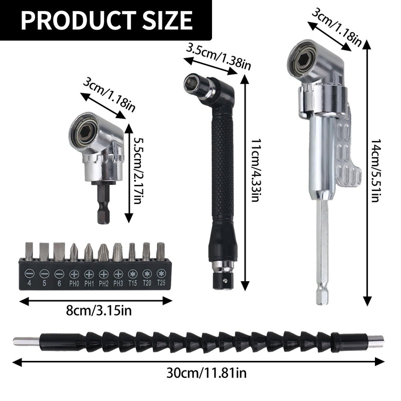 105° Angle Screwdriver Attachment Adapter, 14-Piece Angle Screwdriver Attachment Set,