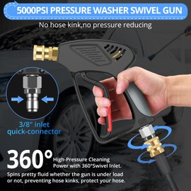 CAMWAY Short Pressure Washer Gun 5000 PSI/10.5 GPM - 3/8" 360 Degree Swivel USA-NPT Thread Quick Connector for Gas Power Washer,Pressure Car Washer Gun with Nozzles,M22-14mm,M22-15mm Fittings