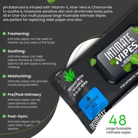 Intimate Wipes by INTIMACY KIT, 48 Large Flushable Wipes, 99% Water ＆ Plant Based Fibers, Hypoallergenic, Fragrance Free, Infused with Vitamin-E, Aloe Vera & Chamomile, for Intimate Parts, Body ＆ Face