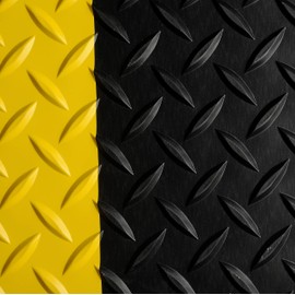WorkForce Vinyl Diamond Plate Commercial Grade Matting, Heavy Duty Floor Mat for Garages, Industrial Facilities, and High-Traffic Areas, 1/8" x 36" x 10', Black w/Yellow Border