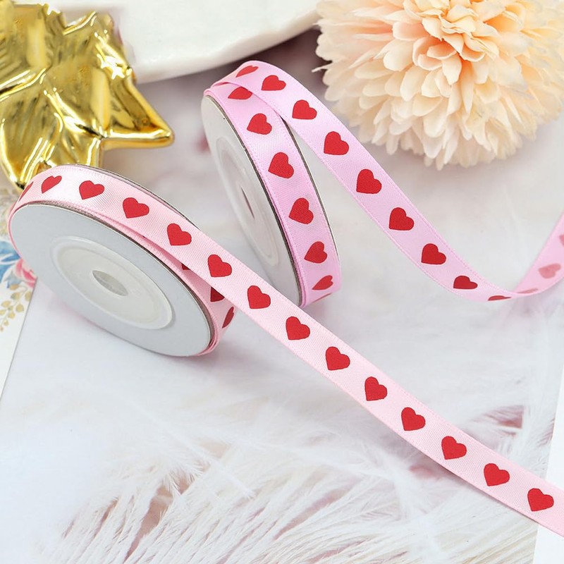 JIHUOO Satinband mit rotem Herzmotiv, 2 Rollen, 1 cm x