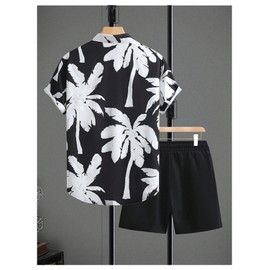 RoseSeek Men's 2 Piece Tropical Vacation Outfits Button Down Hawaiian Shirts and Track Shorts Leisure Set Black and White Small