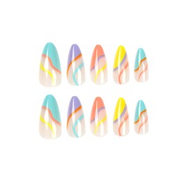 Justotry Pack of 24 Almond Glue-On Nails, Short, Multicoloured French False Nails, Swirl Oval Artificial Nails, Press-On Nails with Nail Glue, Acrylic Fingernails, Fake Nails for Women