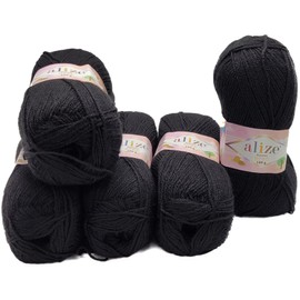 5 x 100 g Ilkadim Export Sekerim Bebe Knitting Yarn Plain, 500 g Knitting Wool Plain, Acrylic Yarn (Black 60)