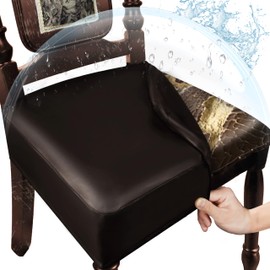 WUSOUPU Leather Seat Covers for Dining Room Chairs Set of 4, Waterproof Kitchen Chair Seat Protector Slipcovers Made of 4-Way High Stretch PU Leather and Rear Covers Design (Dark Brown 4 Pcs)