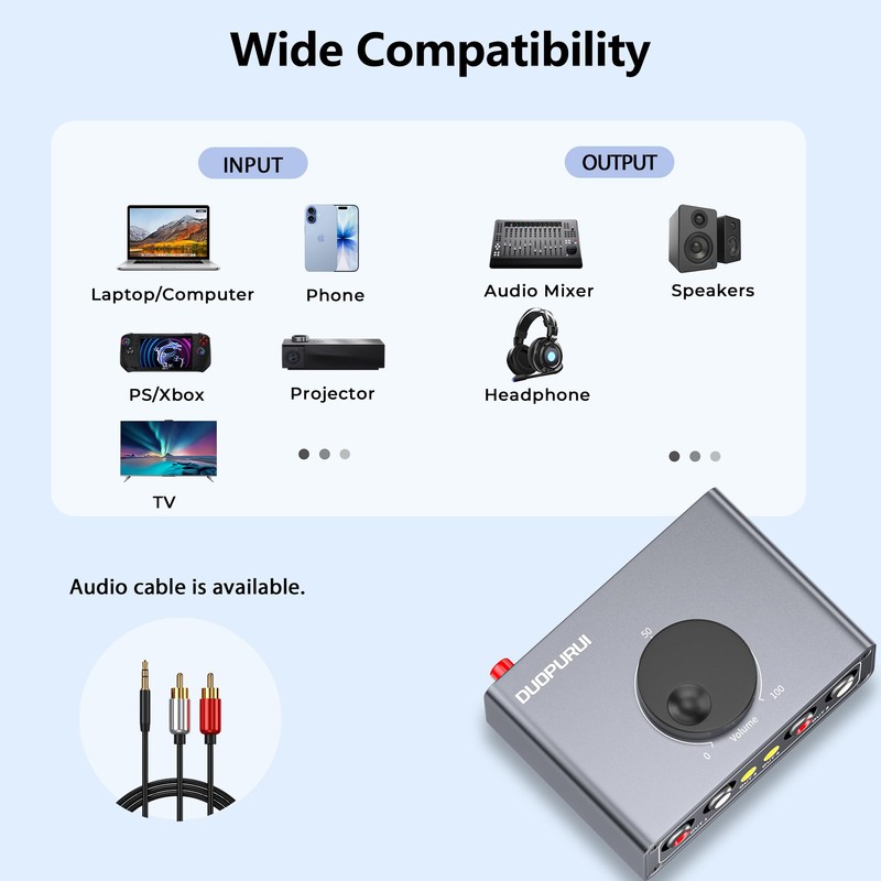 DUOPURUI RCA Stereo Audio Switcher, 2 in 1 Out /