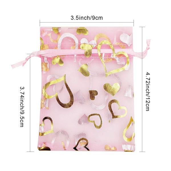 SumDirect 100Pcs 3.5x4.7 inch Sheer Pink Drawstring Heart Organza Favor Gift Bags Wedding Party Christmas Jewelry Pouches