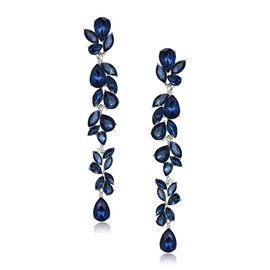 EVER FAITH Wedding Rhinestone Crystal Chandelier Dangle Earrings for Women Brides, Art Deco Marquise Teardrop Bridal Long Drop Ear Accessory for Prom Sapphire Blue Silver-Tone
