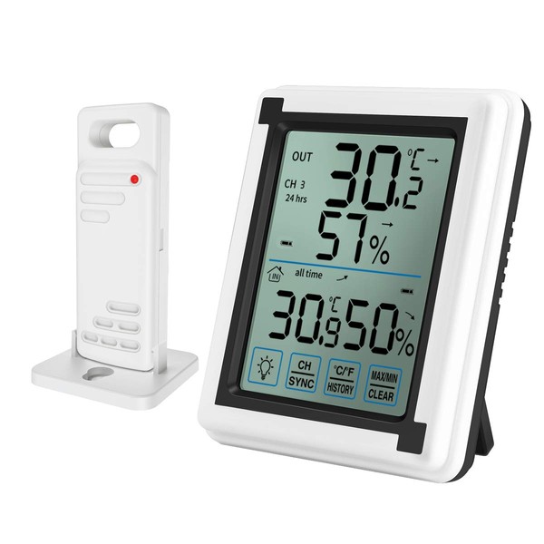 ORIA Digital Thermometer/Hygrometer, Outdoor Air Thermometer/Hygrometer, Wireless, Outdoor, Indoor, Single Sensor, High Precision, Large LCD Screen, Backlight Function, Can Be Placed On Place, Maximum Lowest Temperature and Humidity, Comfort Level, Tempe