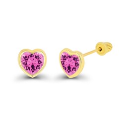 Solid 14K Yellow Gold 4mm Heart Shaped Created Pink Sapphire Birthstone Bezel Screw Back Stud Earrings
