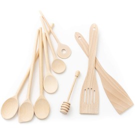 tuuli Kitchen Utensil Set Wooden Beech Kitchen Accessories (6 x Cooking Spoons, 2 x Spatulas, Honey Spoons)