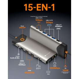 Docking Docking Station USB C, 15-in-1 NOVOO, 2 HDMI 4K@60Hz, VGA, USB-C/A 5Gbps, SD/TF-Player, Gigabit Ethernet, 100 W PD – Ein-/Aus-Taste, externes Display, vielseitiges Dock für PC, Laptop, MacBook