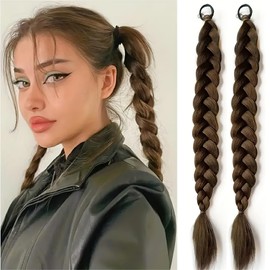 2 Pieces Braided Ponytail Extensions with Hair Ties for Black Women, Long Braid Extensions Hair Pieces Pre Stretched 16 Inch (Light brown)
