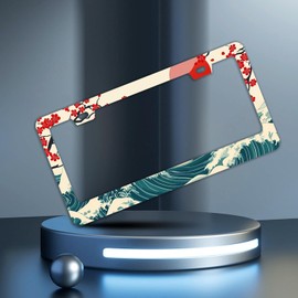 Waves Cherry Blossom License Plate Frames - 2 Pcs Set 2 Holes Stainless Steel Metal Auto Car Accessories Decoration License Plate Frame Cover Size 6.3" x 12.2" Fit US Vehicles for Women Men Gift