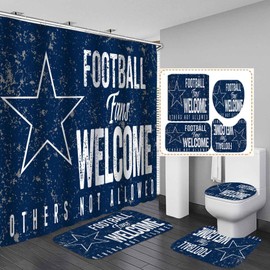 Camille&Andrew 4PCS/Set White Navy Blue Texas Star Shower Curtain, Funny Quotes American Sports Athlete Football Bathroom Decor, Waterproof Fabric Shower Curtain, Non-slip Bath Rug Toilet Mat, Welcome