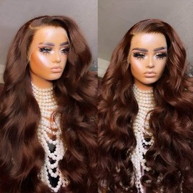 200% Density 13x4 Auburn Brown Body Wave Lace Front Wigs Chestnut Brown Colored Human Hair Wigs For Women HD Transparent Lace Front Wig Human Hair with Baby Hair Bleached Knots man Hair with Baby Hair Bleached Knots(24 Inch, 13x4 Brown Lace Front Wig Hum