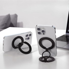 Dual Magnetic Phone Ring Grip Kickstand Holder for Smartphones, Twosides Magent Stand Holder for Desk,Office, Gym,Refrigerator, Kitchen and Other Metal Objects (Black)