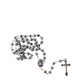 Gifts by Lulee, LLC Mary Magdalene The Magdalene Metallic Silver Luster Quartz Faceted Round Beads Rosary with Silver Plated Medal Centerpiece and Crucifix Includes a Prayer Card