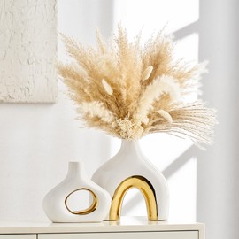 XGZY Modern Ceramic Donut Vase: Set of 2 -Minimalist Nordic White and Gold Hollow Vase Home Decor for Kitchen Dining Table Centerpieces Living Room Bederoom Entryway Wedding