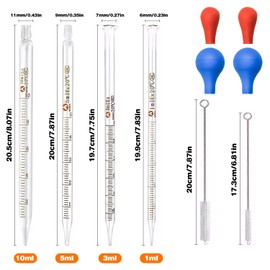 Demarsen Pack of 4 Glass Pipette Dropper, Pipette Glass 1 ml 3 ml 5 ml 10 ml, Transfer Glass Pipette with 2 Cleaning Brushes, Glass Dropper Pipettes, Measuring Pipette for Laboratory Food Research