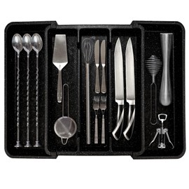 ICHROSAYA Utensil Organizer for Kitchen Drawers, Expandable Silverware Organizer, Adjustable Cutlery Cooking Utensil Tray for Forks, Knives, Plastic Spatula Tools and Gadgets Storage Divider, (Black)