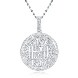 Cysnuc Iced Out Circle Chain Pendant Necklace for Men Women 14K White Gold Plated Bling CZ Diamond Round Coin Encourage Charm with 3mm 24" Rope Chain Hip Hop Fashion Jewelry (White)