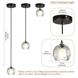 Cameena Modern Pendant Light Fixture, Prism Crystal Small Pendant Light for Kitchen Island, Black Crystal Single Pendant Lighting for Dining Room Bedroom