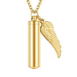 Dletay Cylinder Cremation Urn Necklace for Ashes Memorial Keepsake Pendant with Angel Wing Stainless Steel Cremation Jewelry(Gold-Large)
