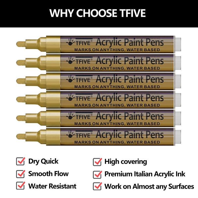 Gold Acrylic Paint Marker Pens - 2-3mm Medium Tip, 6