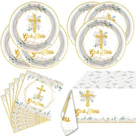 God Bless Tableware Set, First Holy Communion Theme 20 Plates,20 Napkins And Tablecloth, For Newborn Baptism Church Cross Golden Floral Party Decoration