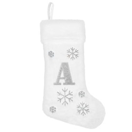 DERAYEE Monogrammed Christmas Stockings with Letters, 18 Inch Large Velvet Body Super Soft Plush Cuff Silver Embroidered Stockings for Family Holiday Xmas Party Decoration (White, Letter A)