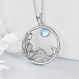 YFN Mermaid Necklace for Women, 925 Sterling Silver Small Mermaid Pendant Necklace, Ocean Mermaid Jewellery, Gift for Girls, Women, Sister, Sterling Silver, Moonstone