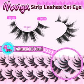 Manga Lashes Natural Look Cat Eye False Eyelashes Strips C Curl Anime Lashes Wet Look Japanese Style Short Manhua Lashes Strips Cosplay Eyelashes Asian Lashes 8-14MM 9 Pairs by Zegaine
