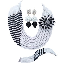 aczuv 10 Rows Fashion African Wedding Beads Nigerian Beaded Jewelry Set Bridal Party Jewelry Sets (White Black)