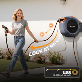 Retractable Garden Hose Reel Outside [1/2 inch ×100 FT], VOTREK Automatic Rewind Wall Mounted Hose Reel [Heavy Duty] with Any Length Lock, 180° Swivel Bracket, 9 Pattern Nozzle for Watering Cleaning