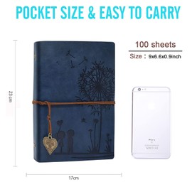 A5 Notebook Refillable, Vintage PU Leather Notebook Travel Journal Diary Acid-Free Paper Classic Embossed Romantic Dandelion Retro Pendants, Gifts for Women/Men, blue