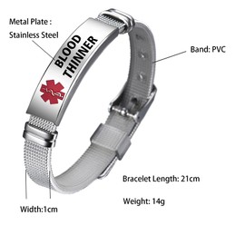 TGLS Red Medical Alert ID Blood Thinner Bracelet for Women Men's Emergency First Aid Health Alert Stainless Steel Plate Adjustable PVC Band Bracelets