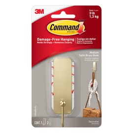 Command - Gancho de pared de latón satinado mediano, 1 gancho y 1 tira de comando, ganchos de pared colgantes sin daños con tiras adhesivas, ganchos para colgar para colgar el hogar, soporta hasta 3