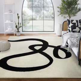 Abani Abstract Beige/Black Area Rug - 6'x9' - Modern Curved Line Design - Deco Collection - Easy to Clean - Durable for High Traffic Areas - Bedroom, Office & Kitchen - Medium Pile