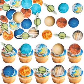 Gyufise 56Pcs Edible Outer Space Cupcake Toppers Edible Rice Paper Solar System Galaxy Universe Planets Cupcake Picks Women Men Birthday Party Anniversary Party Decorations Supplies