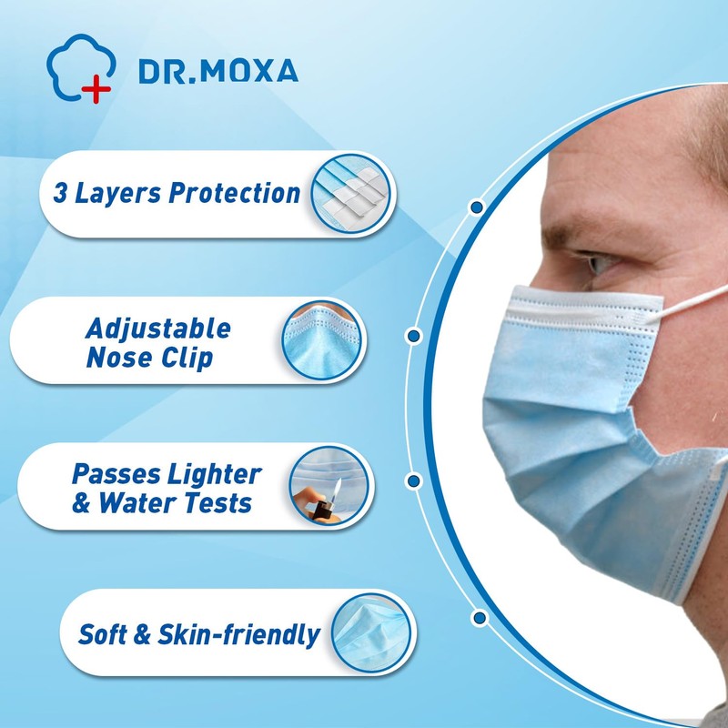 DR.MOXA 50 Pack Disposable Face Masks, Medical Grade 3 Ply