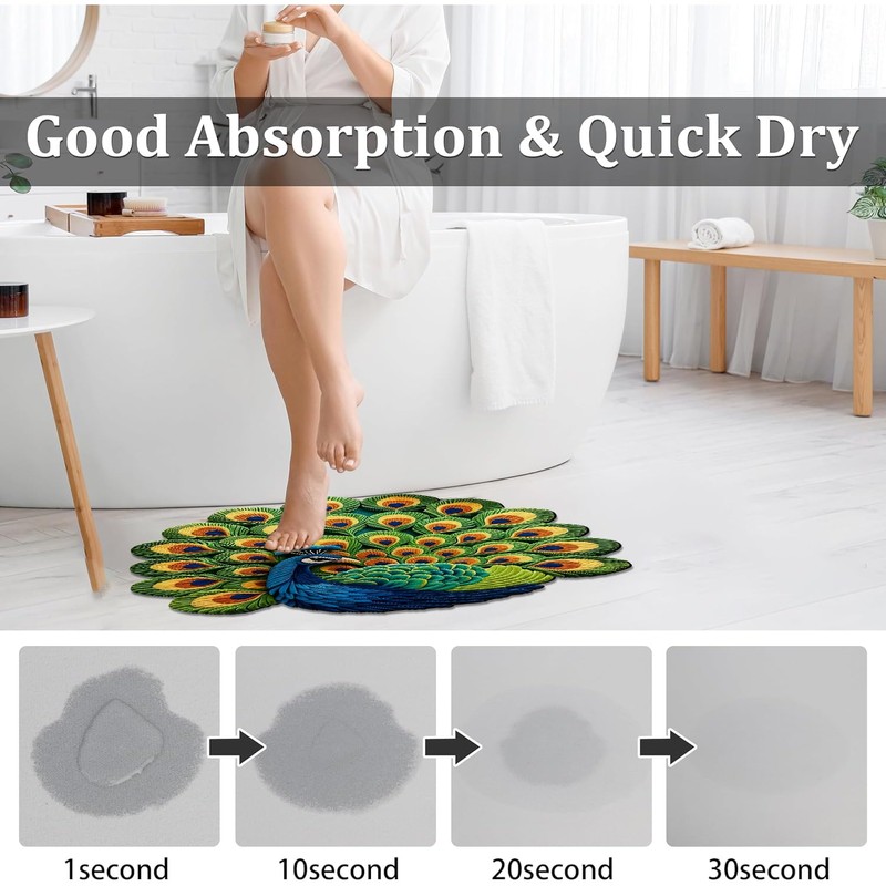 Peacock Animals Bath Mat Blue and Green Bathroom Rugs Funny