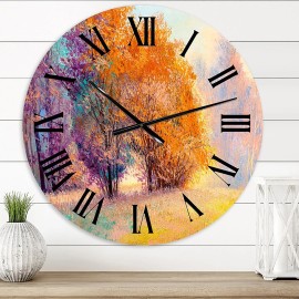 Designart 'Autumn Forest Orange Leaves Original Landscape' Lake House wall clock - 23 in. high, 23 In. Wide