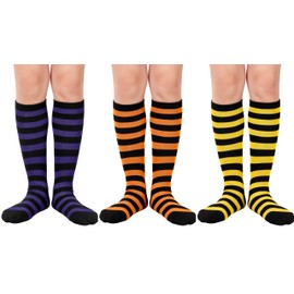 Zando Knee High Socks, Unisex Cotton Striped Socks, Big Kids Sports Sock, Football Baseball Stockings For Boys Girls 2025, 3 Pairs Athletic Sock, Black Yellow/Purple/Orange Stripes, 10-12 Years