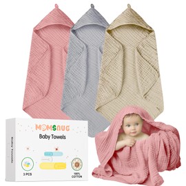 Muslin Bath Towel Baby 3 Pack, Hooded Baby Towels for Girl Boy, Muslin Cotton Baby Bath Towel with Hood for Babies, Infant, Toddler and Kids Newborn Essential (35 X 35 Inch) (Rose + Grey + Apricot)