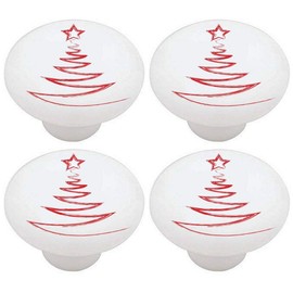 SET OF 4 SIMPLE DRAWN CHRISTMAS HOLIDAY TREE - DECORATIVE Glossy CERAMIC Drawer PULL Dresser KNOB